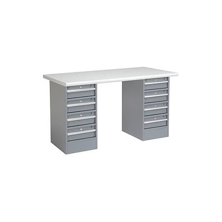 Global Equipment 72 x 30 Pedestal Workbench - 8 Drawers, Plastic Laminate Safety Edge - Gray 607673